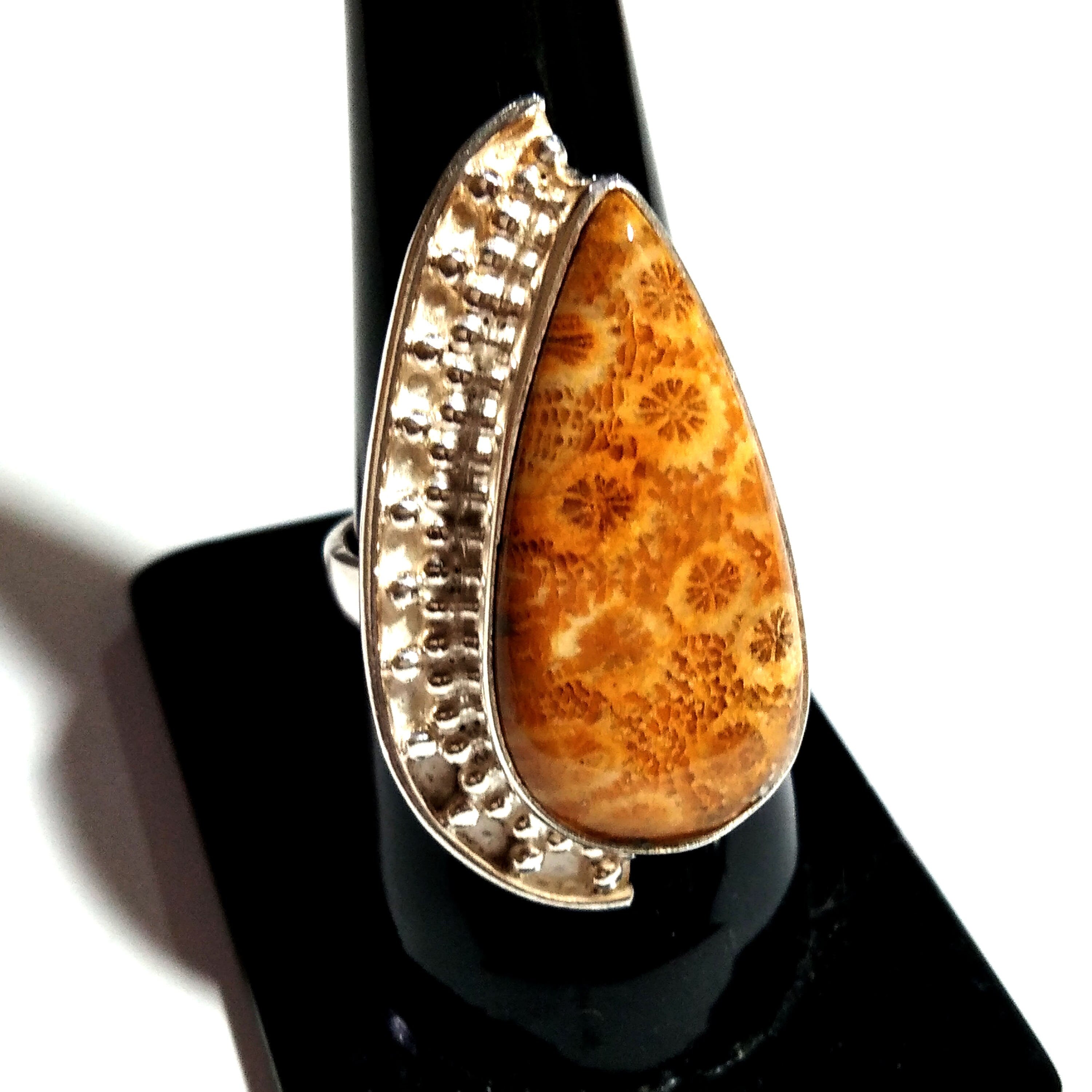 Solid 925 Starling Silver Ring, Natural Fossil Coral Gemstone Ring, Jewelry Pear Shape Stone Size 27x13 mm Handmade Jewelry Ring, Gift